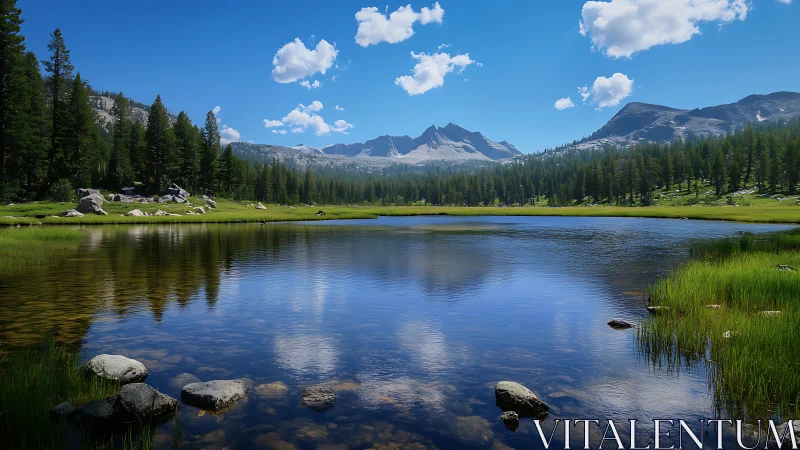 Photorealistic alpine lake panorama with mirrored reflections.