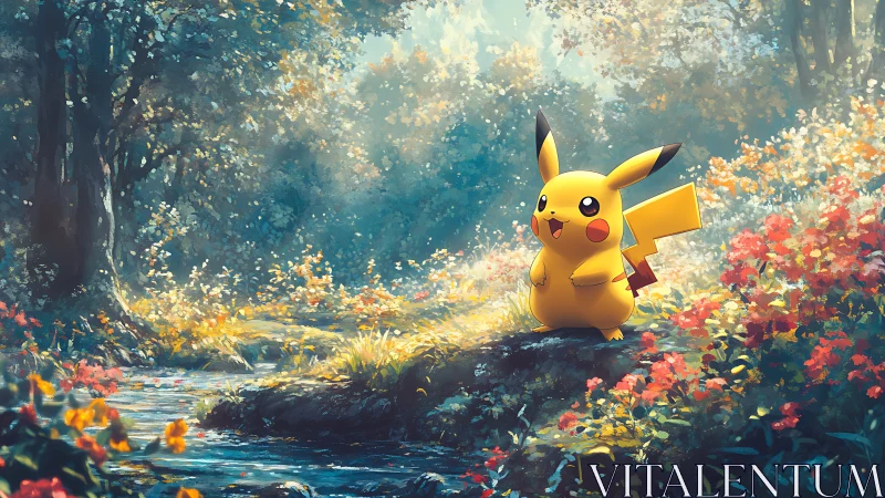 Pikachu explores a sunlit forest stream in vivid bloom.