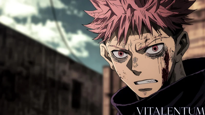 Battle-worn pink-haired anime teen in urban ruin close-up