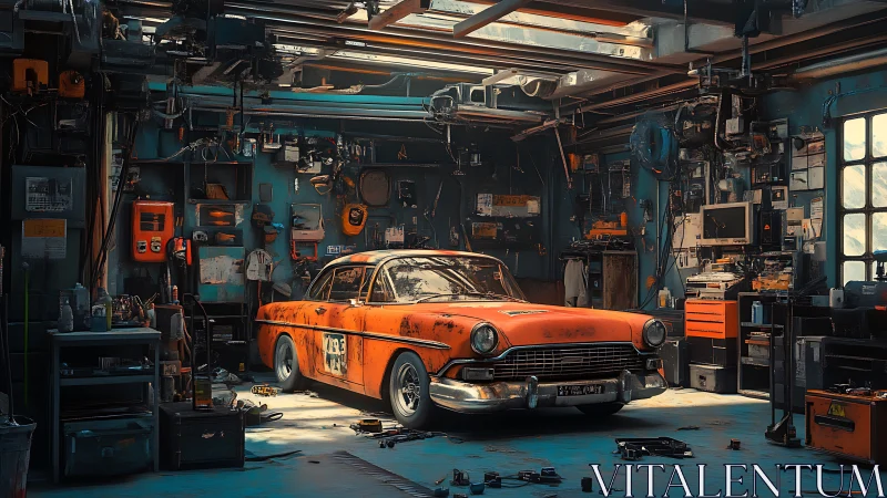 Rusty classic car sits centered in cluttered mechanic workshop