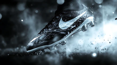 Explosive motion of metallic football boot in blue haze.
