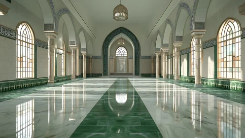 Emerald arches and mirrored marble in a tranquil mosque hall.