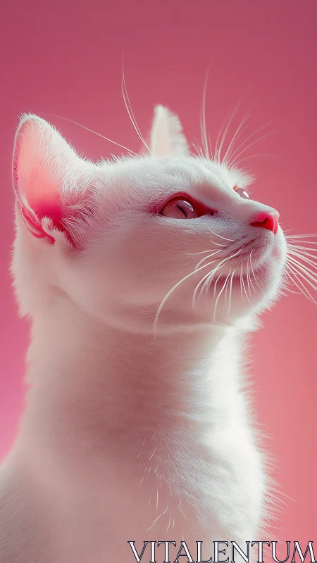 White Cat Against Pink Background Looking Upward
