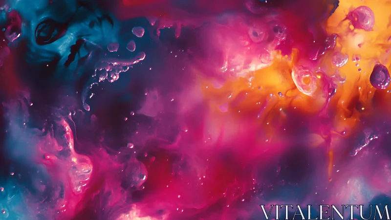 Abstract fluid color clouds in pink, blue and orange field.