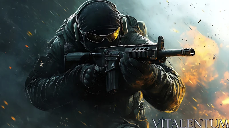 Storm-forged commando surges through fire and shattered sky.