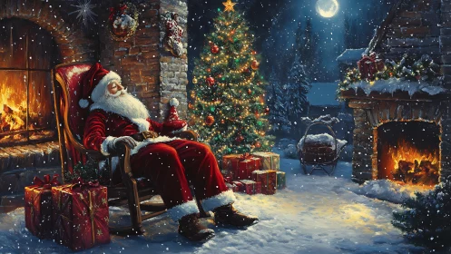Snowy outdoor hearth scene with resting Santa and lit tree