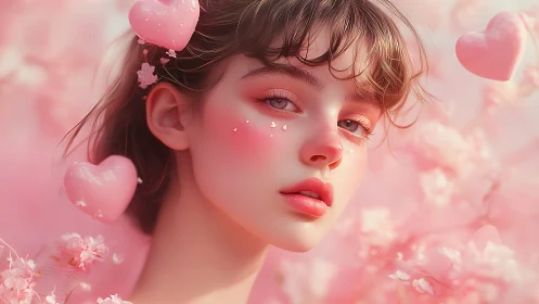 Digital portrait of young woman in pink floral environment.