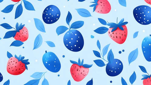 Patterned illustration of strawberries and blueberries on blue