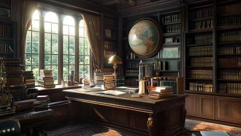 Classic wood paneled study lined with books and large globe.