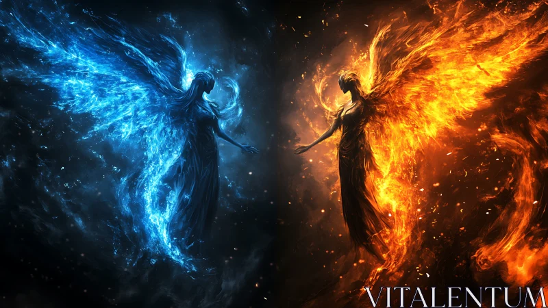 Twin elemental angels in a glowing dance of fire and ice.