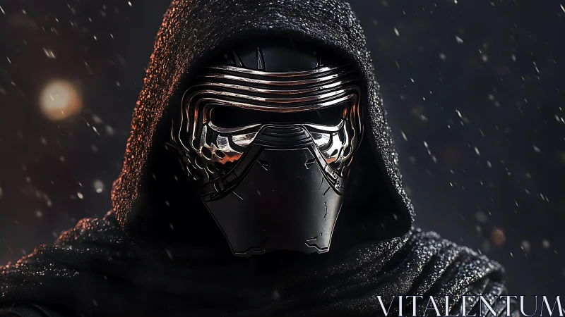 Hooded armored figure in metallic mask under falling snow.