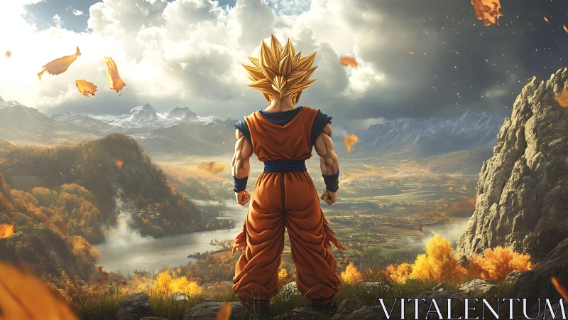 Superpowered warrior surveying atmospheric alpine valley.