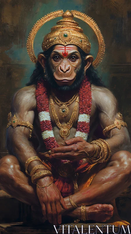 Regal simian deity sits crowned in ornate golden jewelry