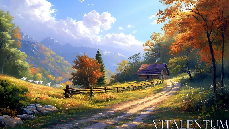 Mountain valley cabin with trees, dirt road, and grazing sheep.