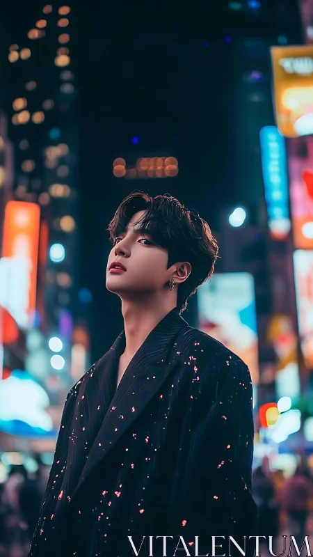 Stylized portrait of young person in neon city at night.