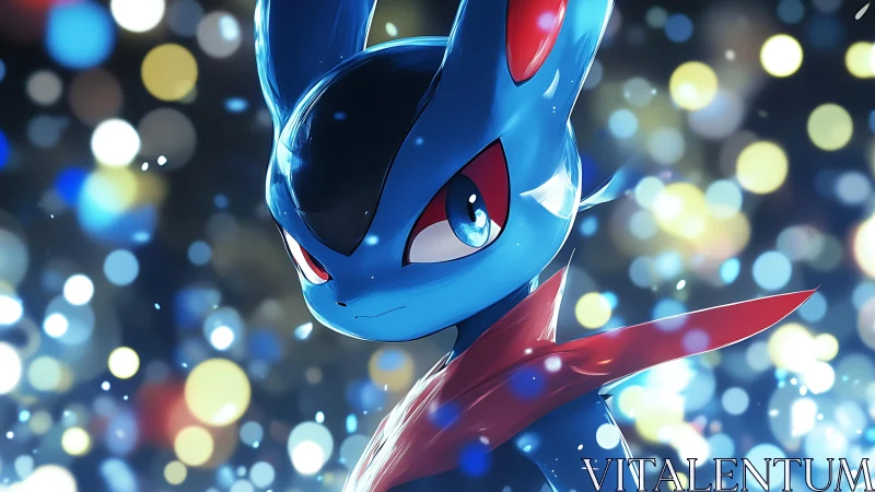 Blue foxlike warrior with red scarf amid luminous bokeh field