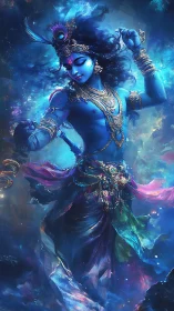 Blue-skinned divine dancer in swirling cosmic colors.
