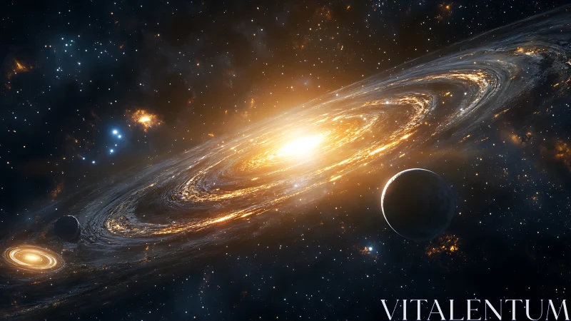 Luminous spiral galaxy arcs through deep star-filled void.