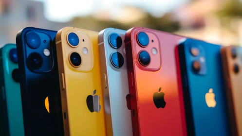 Lineup of multicolor smartphones with dual rear cameras.