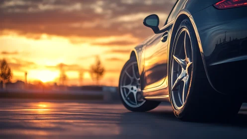 Low-slung sports coupe poised against fiery sunset sky.