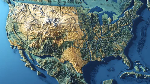 Ridges and rivers sculpt a glowing relief map of the US