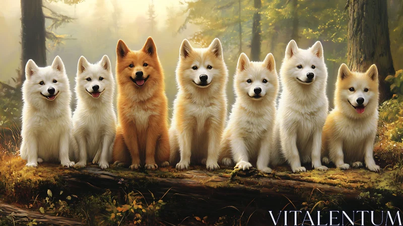 Sunlit forest pups sit in a cheerful row of fluffy friends
