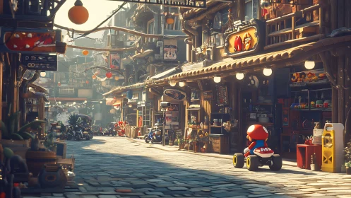 Mario kart racer navigates sunlit neo-urban market alley