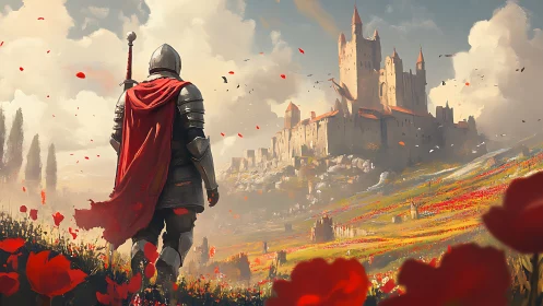 Lone armored knight approaching sunlit hilltop citadel.