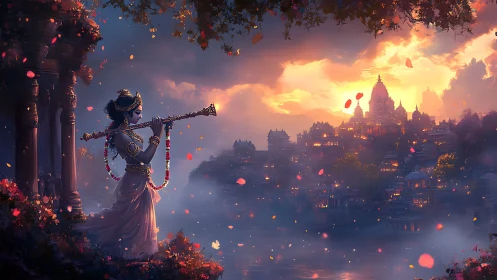 Divine flute player over luminous riverside temple city at dusk