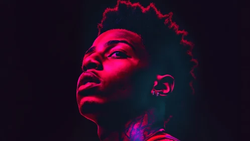 Neon-lit portrait isolates upward gaze in deep magenta glow