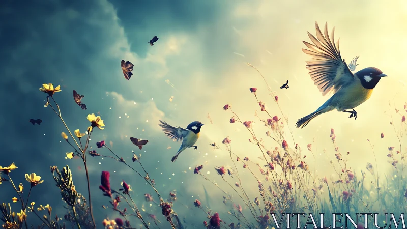 Songbird in Flight Over Wildflowers, Dreamy Nature Art.