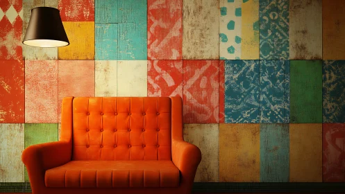 Orange armchair is positioned before multicolored tiled wall