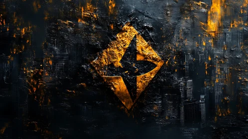 Textured yellow emblem with star shape dominates dark city