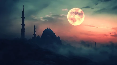 Moon-soaked desert mosque dreaming in violet misted dusk.