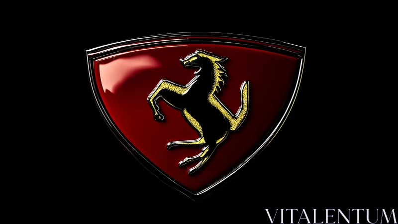 Red shield emblem with rearing horse in metallic outline.