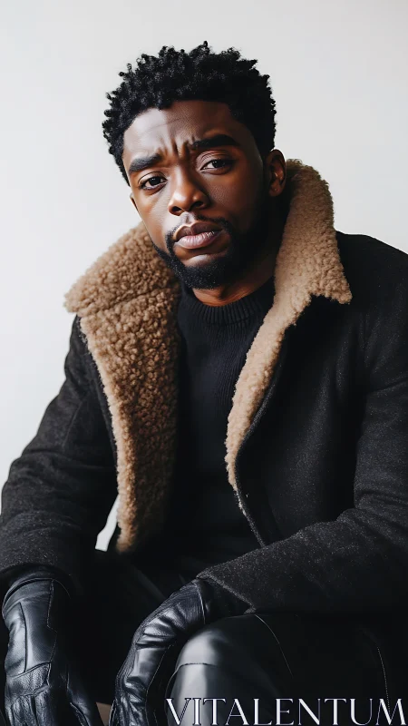 Winter gaze steadies beneath a shearling-framed resolve