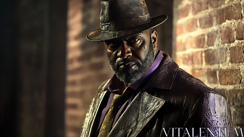 Man in weathered coat and fedora against brick alley wall.