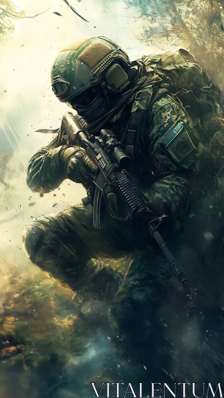 Soldier in tactical gear advances with rifle through debris