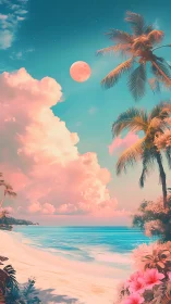 Tropical Paradise Beach with Coral Moon and Palm Trees.
