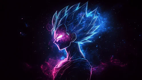 Cosmic warrior ignites in neon storm across starry void.