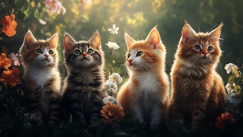 Four Kittens in Enchanted Garden. Golden Hour.
