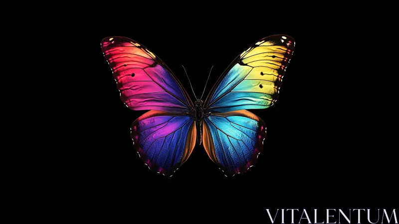 Iridescent butterfly wings glow against pure black void.