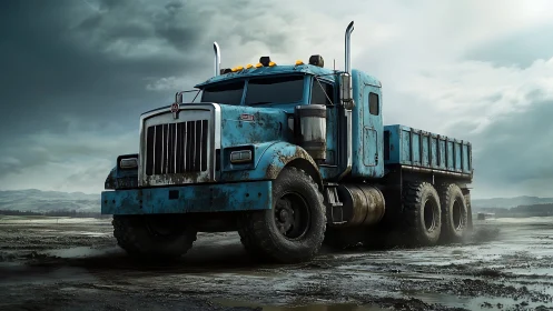 Heavy-duty blue dump truck stands in wet industrial landscape