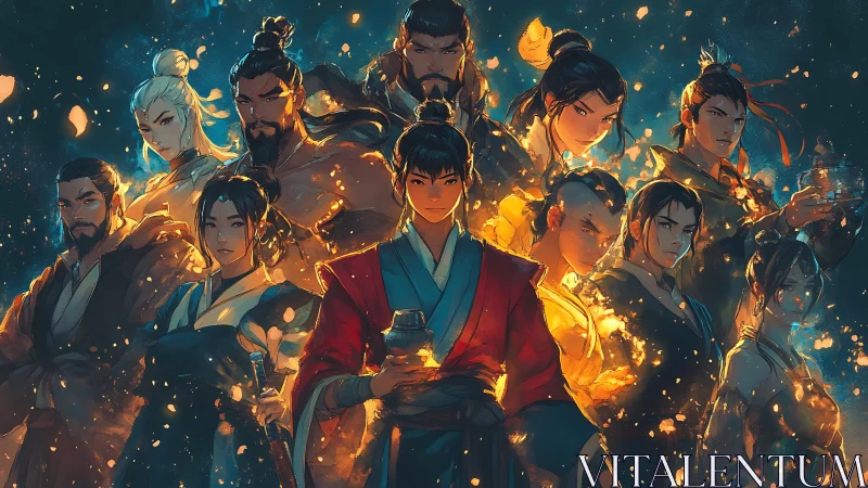 Martial heroes stand united amid swirling golden embers.