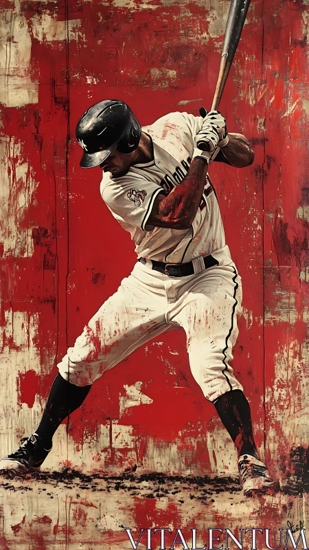 Baseball batter poised to swing against red abstract backdrop.