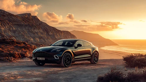 Luxury performance SUV dominates coastal sunset terrain.