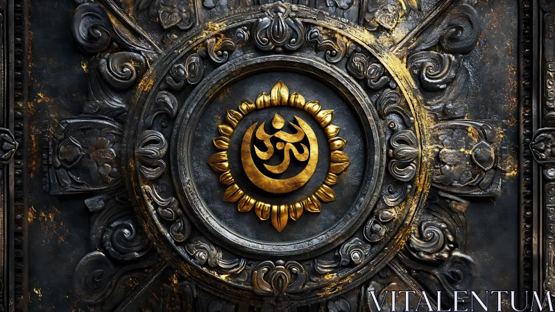 Ornate golden Om emblem on dark carved metal panel.
