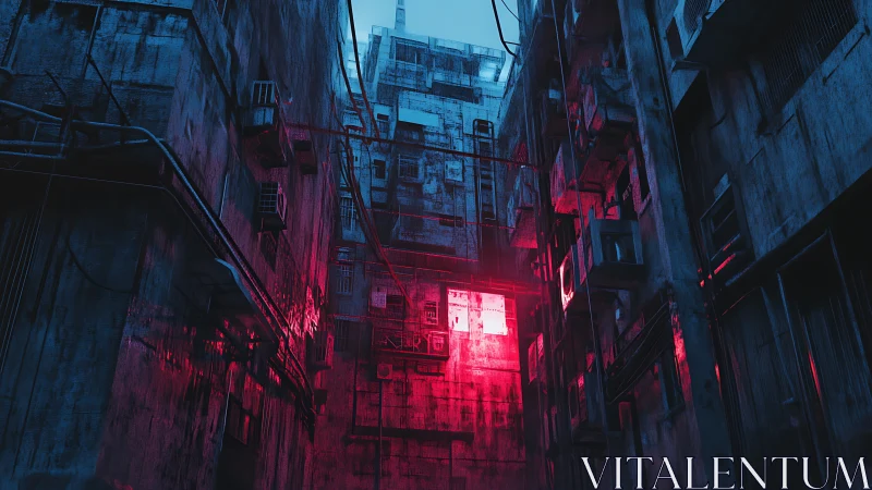 Neon echo in a rain-stained cyber alleyway at dusk.