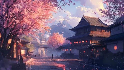 Lantern-lit sakura street drifting toward misty temple dusk.