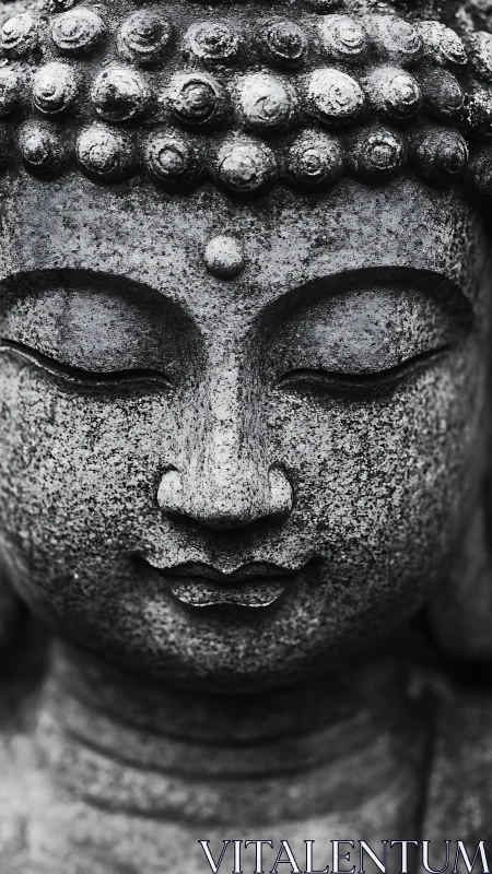Grayscale macro study of weathered stone Buddha visage.
